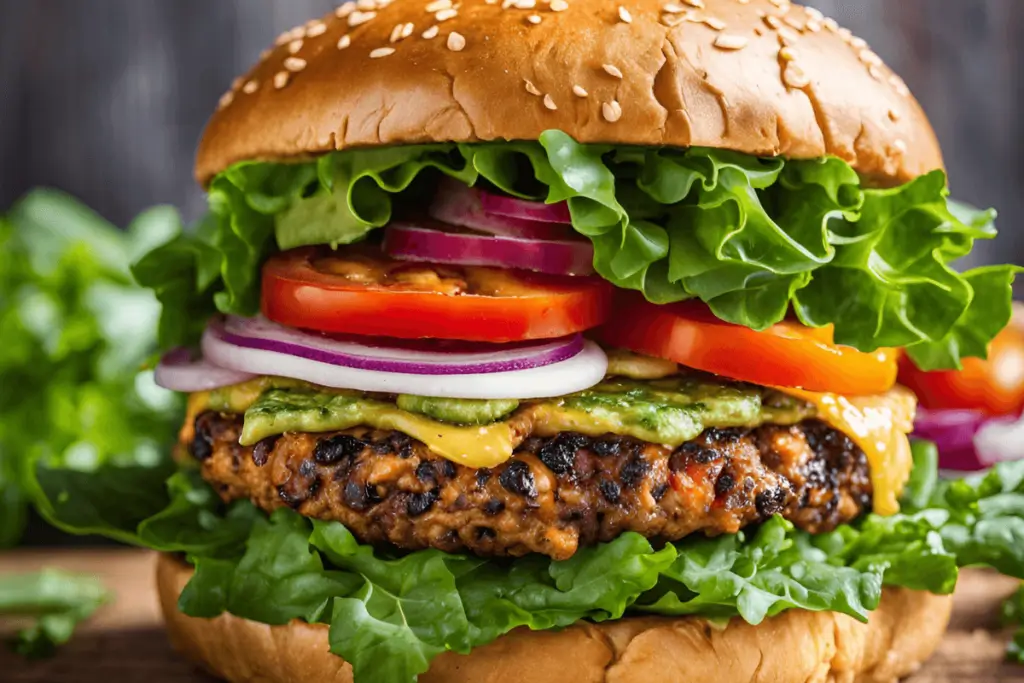 Dieta Plant-Based: Adote uma alimentação saudável e sustentável para melhorar sua saúde e o meio ambiente 3 Hambúrguer de vegetais servido em pão integral, acompanhado de alface, tomate e molhos naturais, destacando uma opção saudável e saborosa