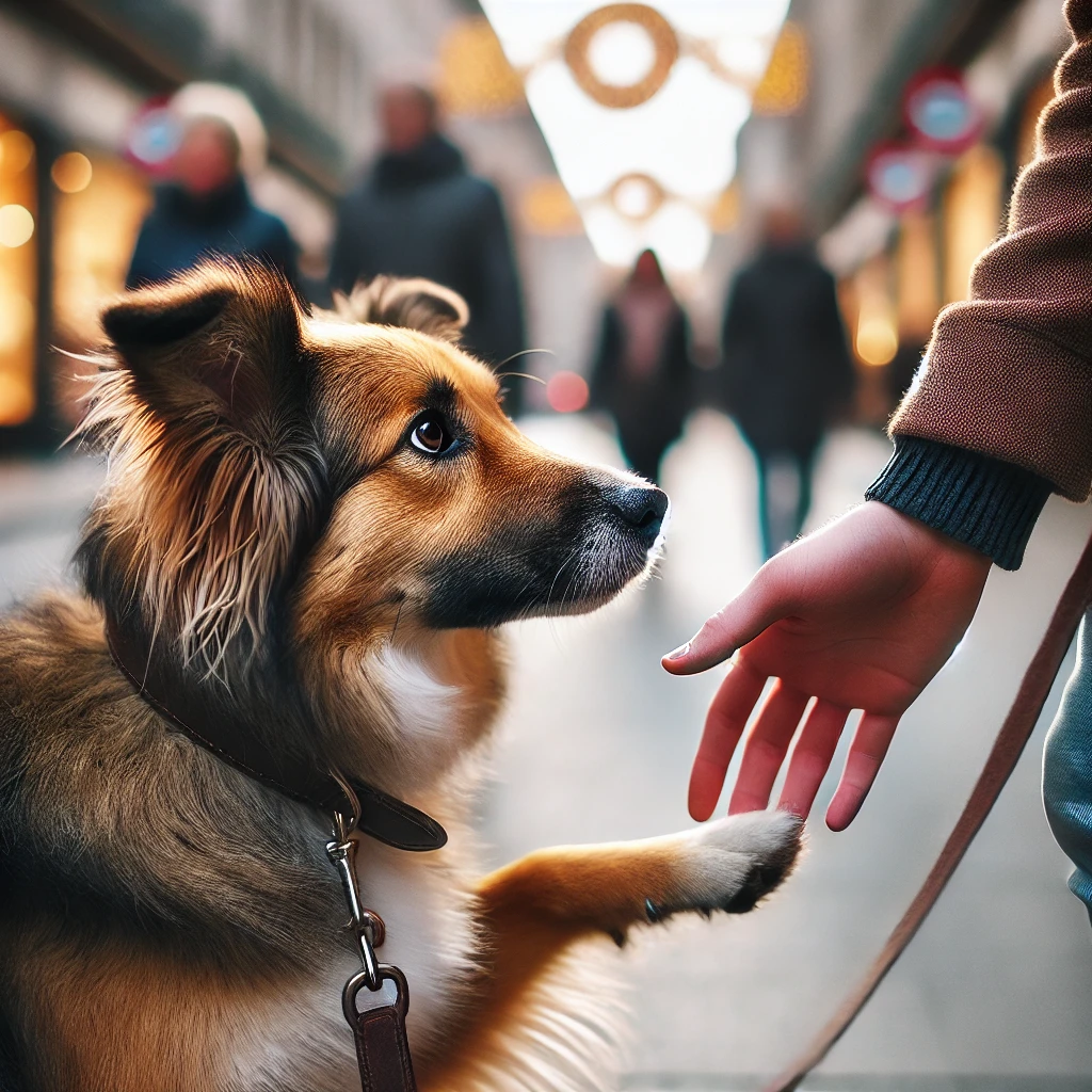 DALL·E 2024 12 28 15.56.50 A scene of a dog being approached by a stranger with the dog showing subtle signs of stress such as a slightly raised paw ears back and a hesitant
