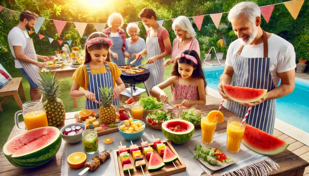 Descubra Como a Comida Pode Transformar Seu Bem-Estar: Uma Jornada de Sabor e Emoção! 3 DALL·E 2024 12 29 21.10.52 A vibrant summer party setting with a family preparing and enjoying healthy food. The scene includes a table filled with tropical fruits like watermel