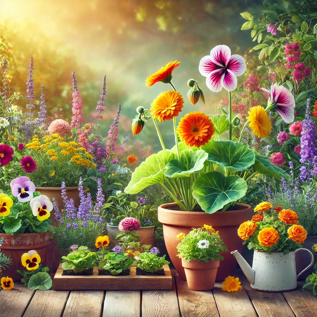 DALL·E 2025 03 01 21.12.02 A beautiful edible flower garden with vibrant flowers like nasturtiums calendula violets and lavender. The garden is lush colorful and well maint