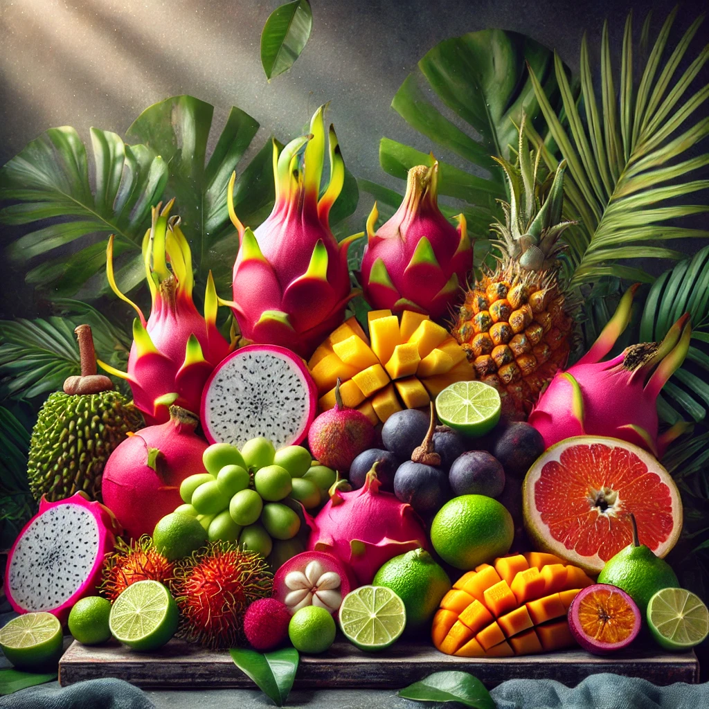 DALL·E 2025 03 09 12.10.49 A vibrant and colorful image featuring an assortment of exotic fruits from around the world. The display includes dragon fruit mangosteen rambutan
