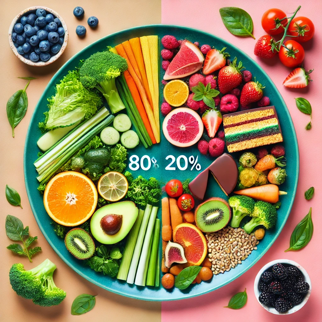 DALL·E 2025 03 24 14.37.17 A vibrant plate divided into two sections. 80 of the plate filled with healthy colorful foods like vegetables fruits whole grains and lean protei