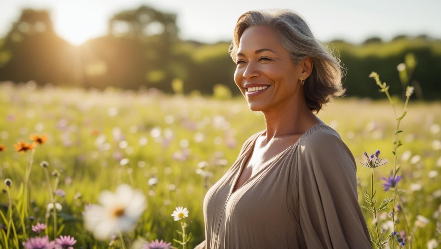 Confident smiling middle aged woman outdoors surrounded by nature sunlight on her face looking hopeful and free – empowerment and well being visual 1