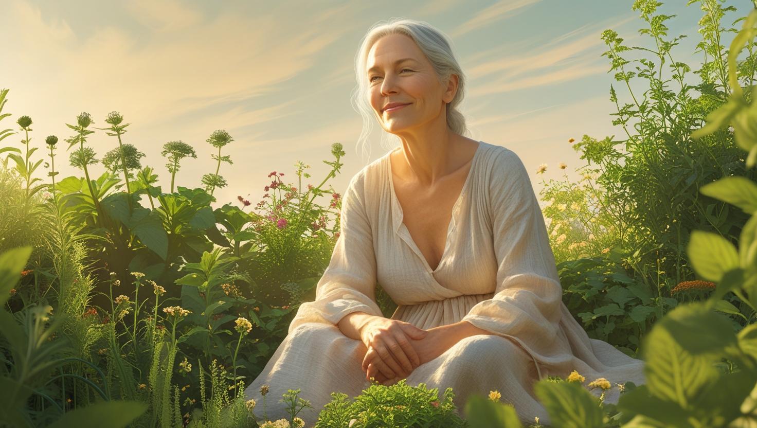 Middle aged woman in a serene natural setting soft lighting peaceful expression surrounded by plants and herbal elements with a dreamy sky background – wellness and harmony concept