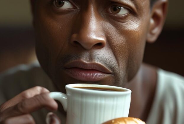 UMA PESSOA COM PEQUENAS FEICOES DE PREOCUPACAO TOMANDO CAFE E COMENDO UM HAMBURGUER